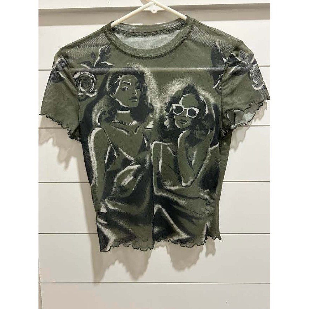 Olive Green Sheer Mesh Graphic Baby Tee Lettuce Edge Short Sleeve Top Y2K Rave